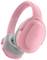 Różowe bezprzewodowe słuchawki nauszne z szarymi poduszkami usznymi. Są nowocześnie zaprojektowane i wyglądają wygodnie do długotrwałego użytkowania.