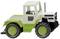 Ciągnik modelowy o zielono-białym designie, z solidnymi oponami i kabinopodobną strukturą.