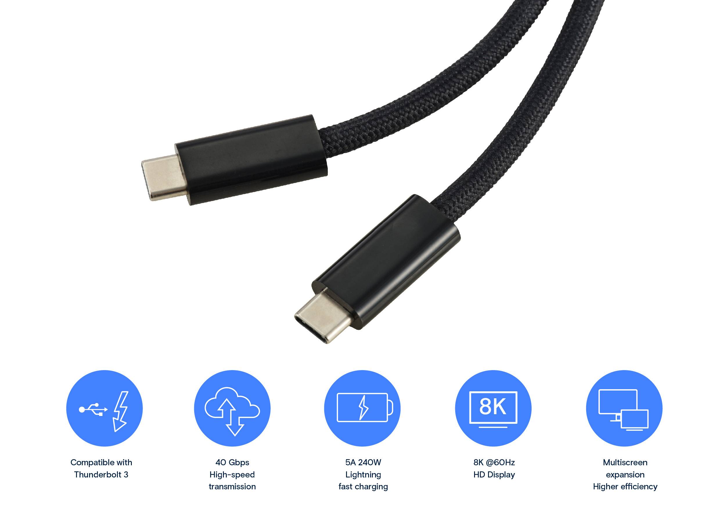 Dwa czarne kable USB-C na białym tle. Na dole piktogramy z tekstem: 'Thunderbolt 3, 40 Gbps, 240W, 8K 60Hz, Multiscreen'.