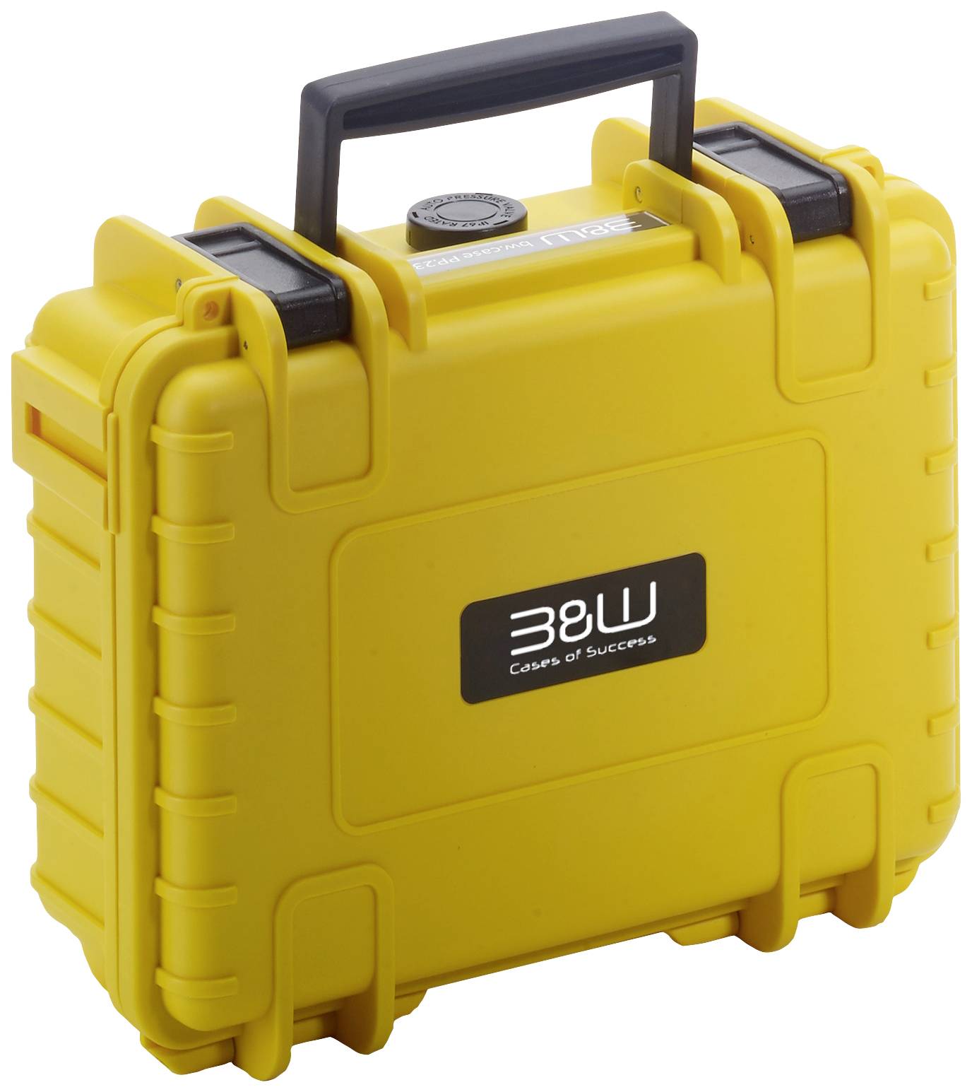 Żółta, solidna walizka z czarnym uchwytem, oznaczona napisem 'B&W Cases of Success', przeznaczona do bezpiecznego transportu cennych przedmiotów.