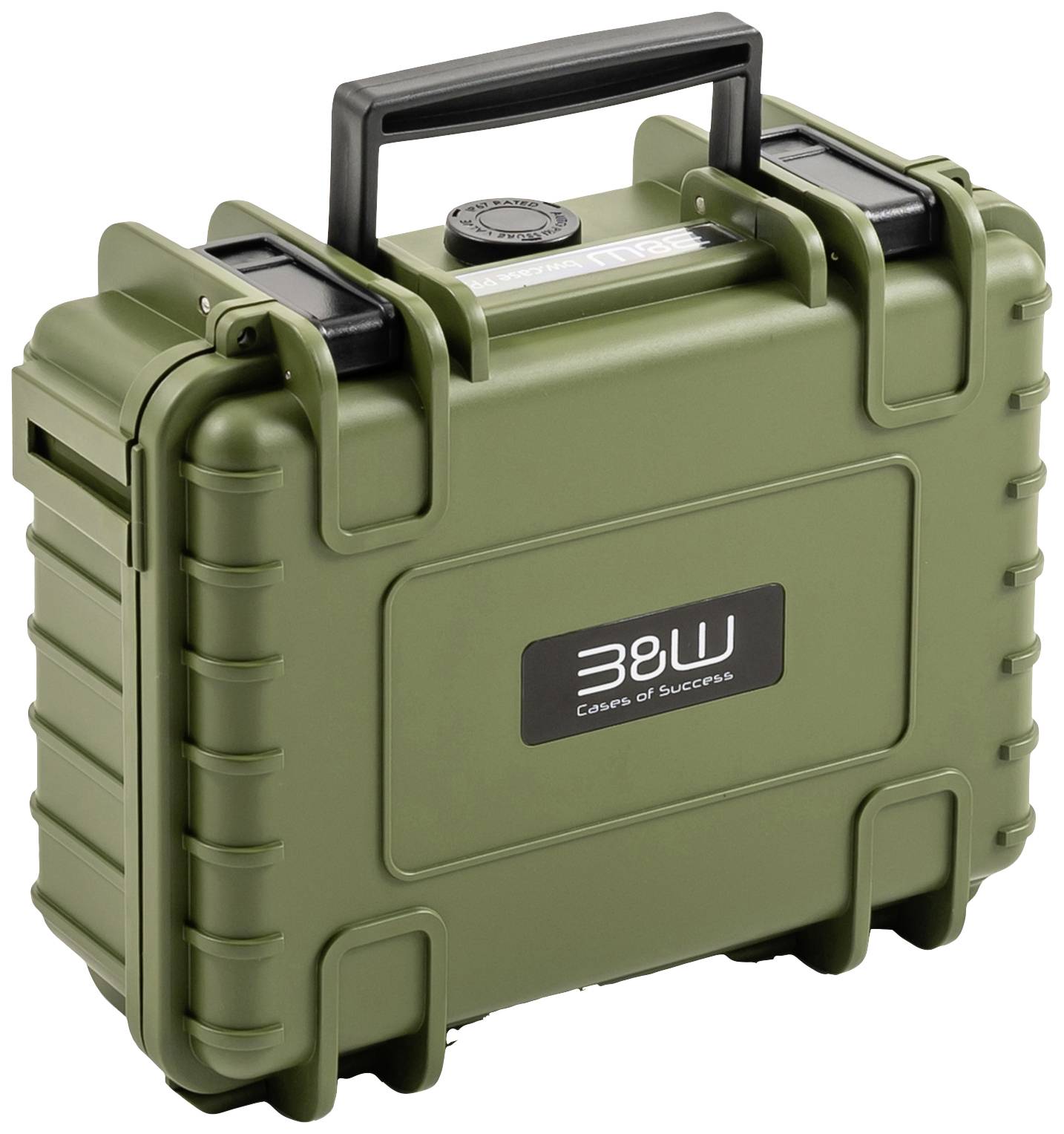 Ciemnozielony walizka ochronna z uchwytem, o wytrzymałej konstrukcji, z napisem 'B&W Cases of Success' z przodu. Odpowiednia do przewożenia delikatnego sprzętu.