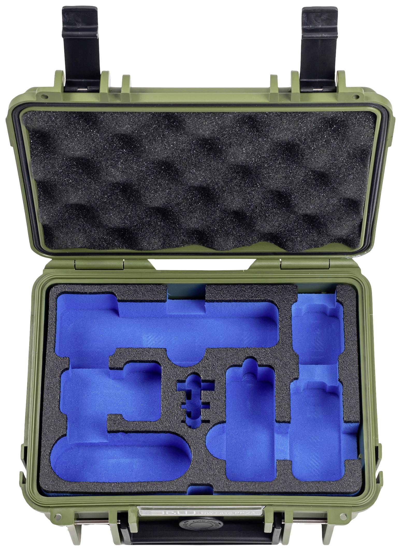 Twardy, oliwkowozielony pojemnik transportowy z otwartą pokrywą, prezentujący niebieskie i czarne, profilowane wkładki piankowe do bezpiecznego przechowywania urządzeń.