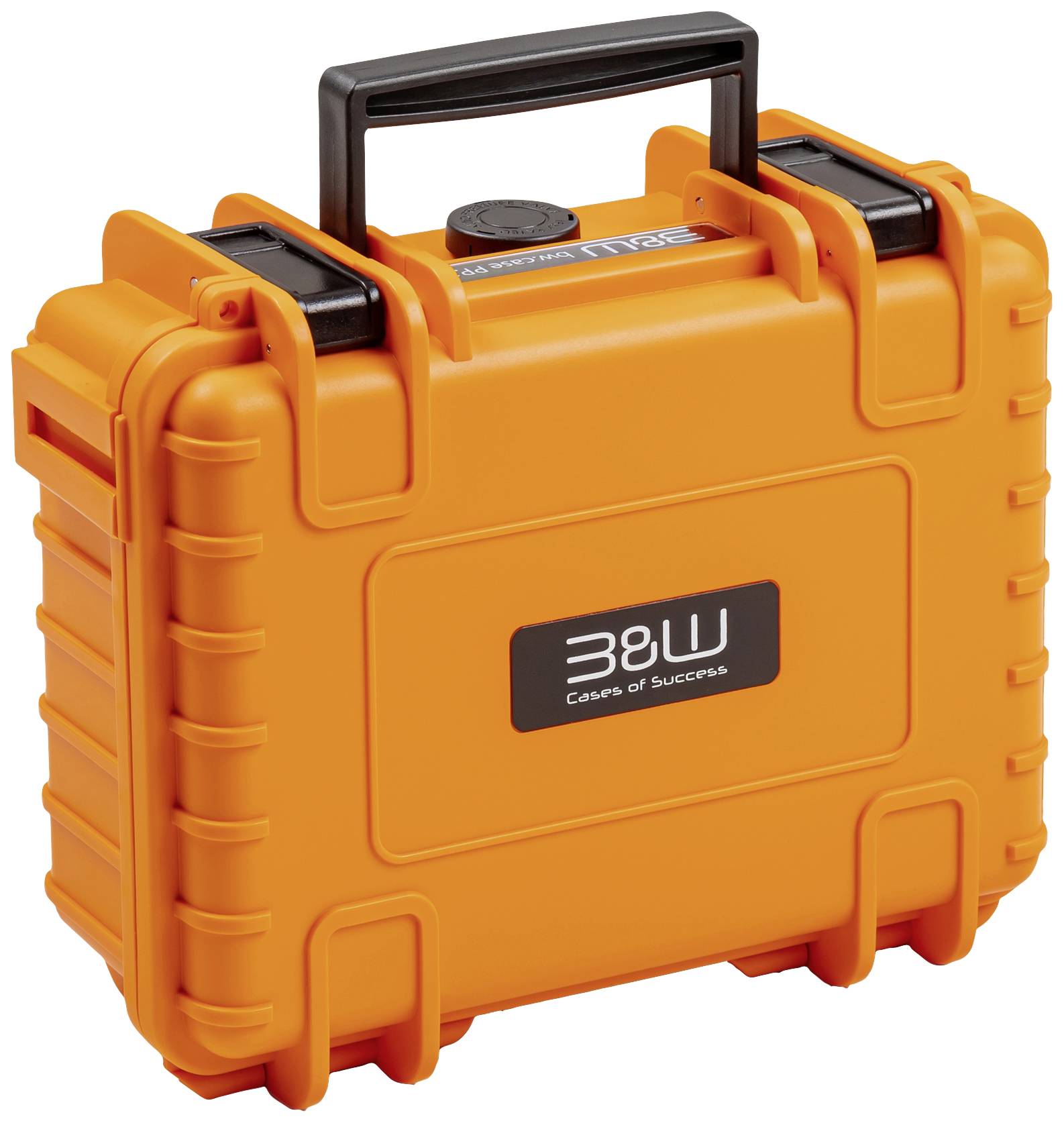 Pomarańczowa walizka ochronna z czarną rączką i zamknięciami, z logo marki z napisem 'B&W Cases of Success' na przedniej stronie.