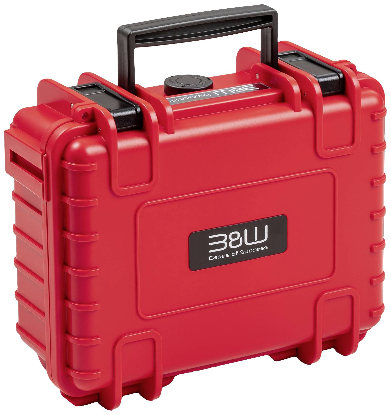 Czerwona, solidna walizka z czarną rączką. Na przedniej stronie znajduje się logo 'B&W Cases of Success'.