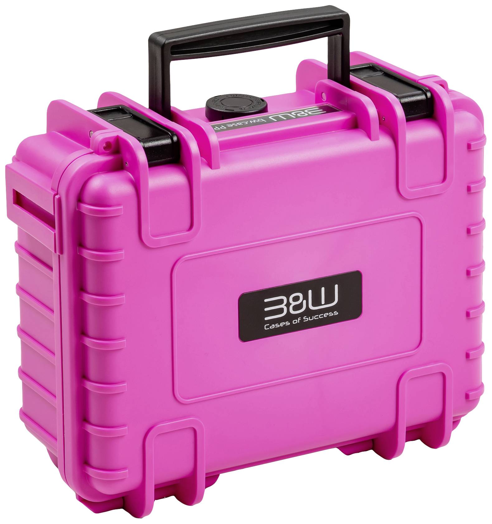 Różowy, wodoodporny twardy kufer z uchwytem i zamkami, odpowiedni do ochrony delikatnych urządzeń lub sprzętu.