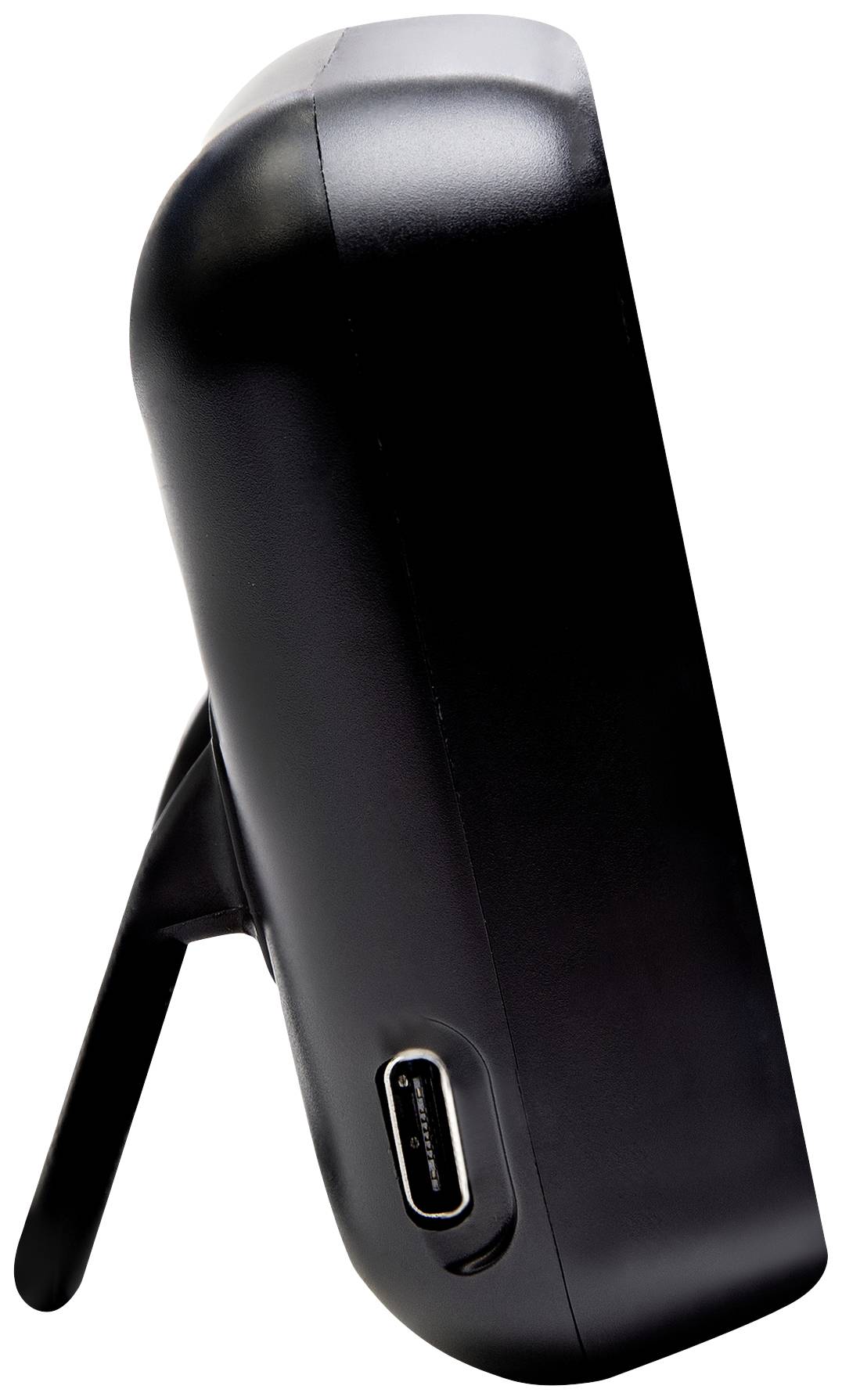 Czarny elektroniczny sprzęt widziany z boku, wyposażony w złącze USB-C i składany stojak.