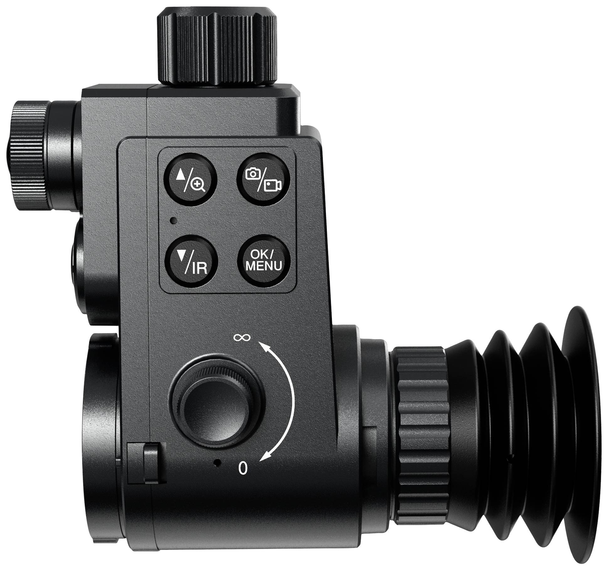 Czarny elektroniczny wizjer kamery z wieloma przyciskami i przełącznikami, w tym pokrętłem ostrości i przyciskiem menu.