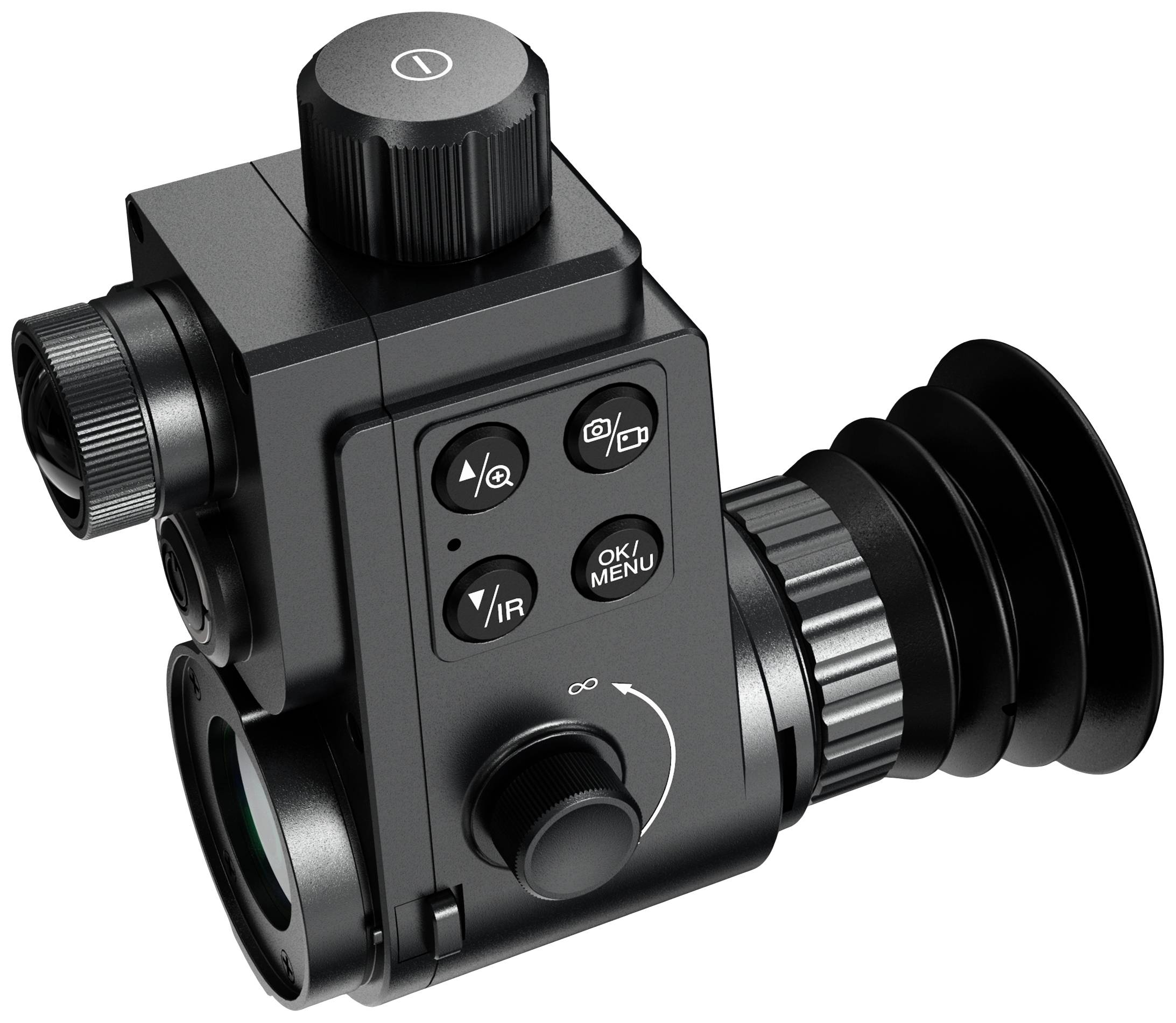 Cyfrowy noktowizor w kolorze czarnym z kilkoma przyciskami i okularem, wykorzystujący nowoczesną technologię do obserwacji w ciemności.