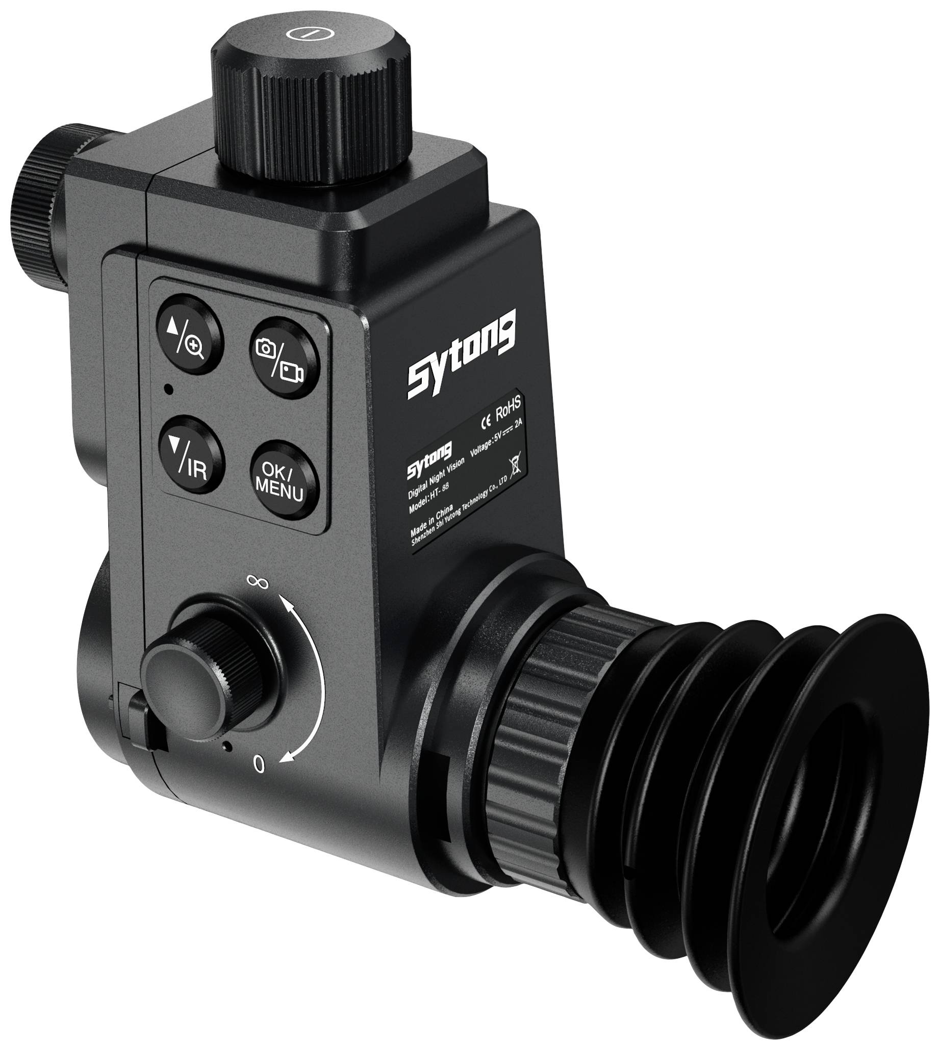 Urządzenie noktowizyjne z wieloma elementami sterującymi, w tym przyciskami menu i podczerwieni, oraz ekranem ocznym do regulacji widoku.