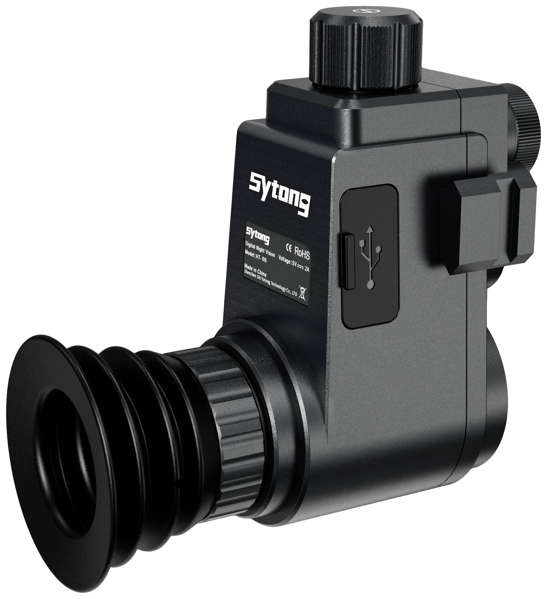 Urządzenie noktowizyjne w kolorze czarnym, kompaktowe z gumową muszką oczną i kilkoma przyciskami sterującymi na górnej powierzchni.