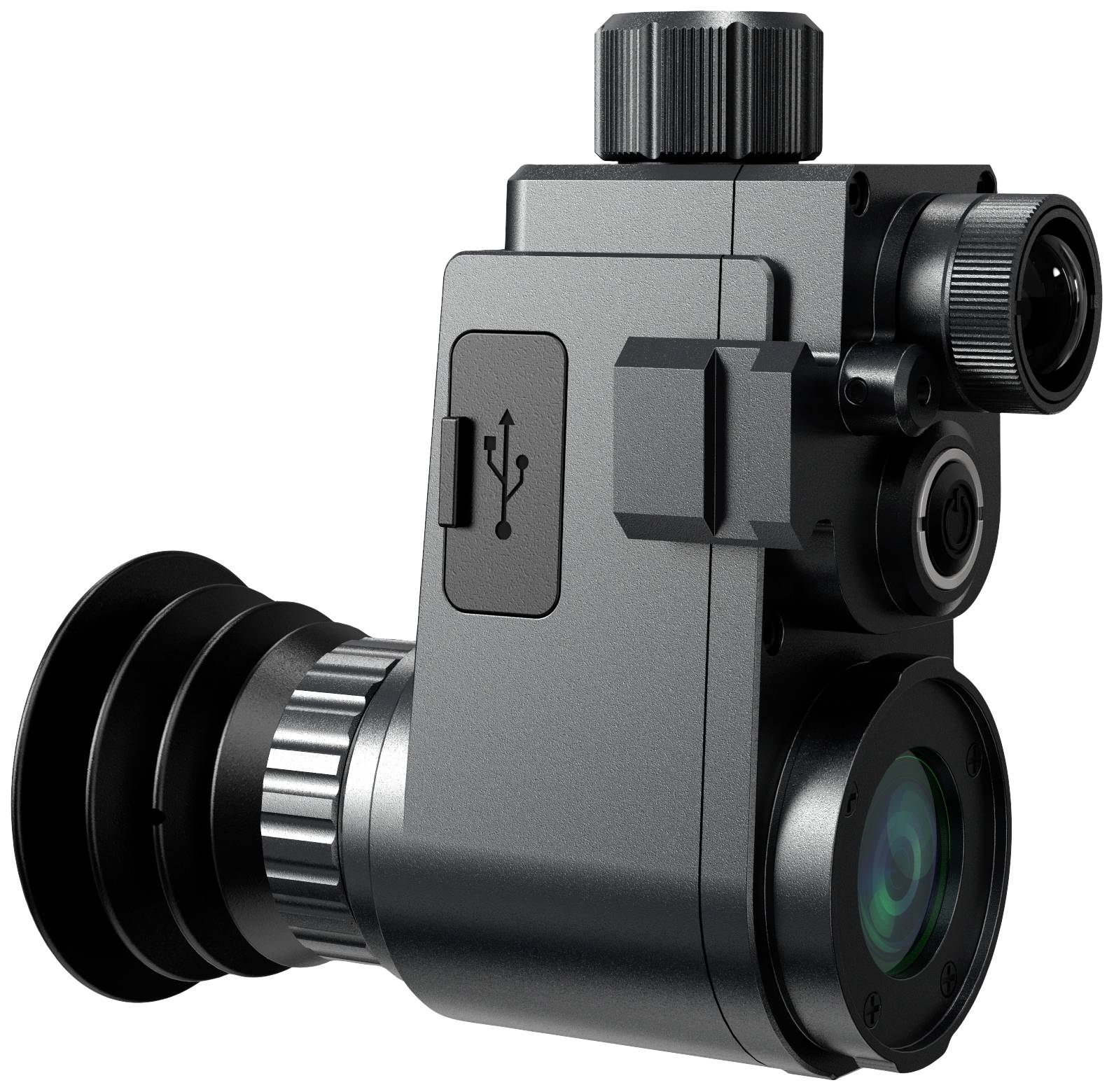 Nowoczesne urządzenie noktowizyjne z gniazdem USB i kilkoma pokrętłami do powiększania i ustawiania ostrości obrazu.