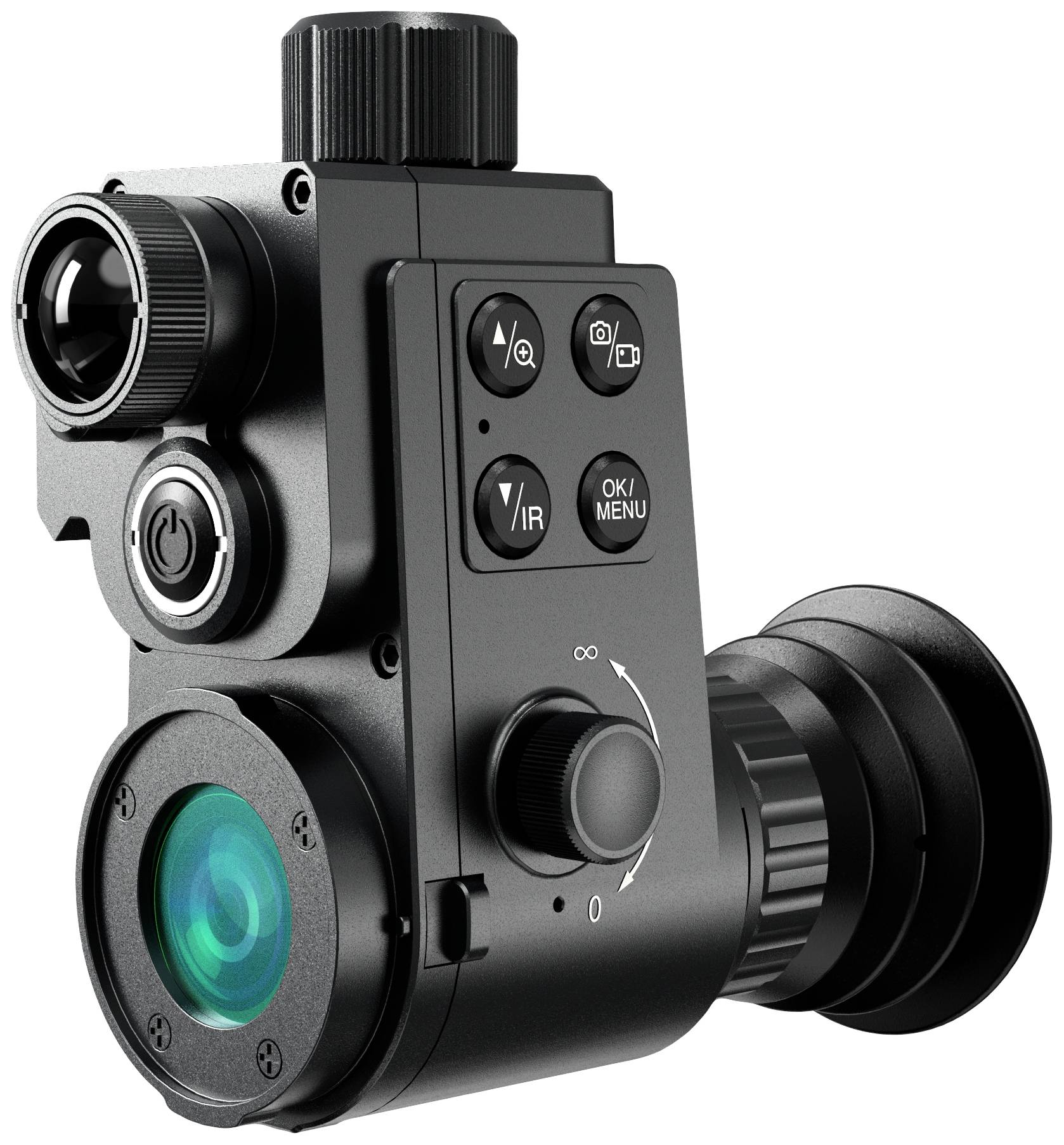 Czarne urządzenie noktowizyjne z wieloma przyciskami i pokrętłami, z dużym zielonym obiektywem pośrodku.