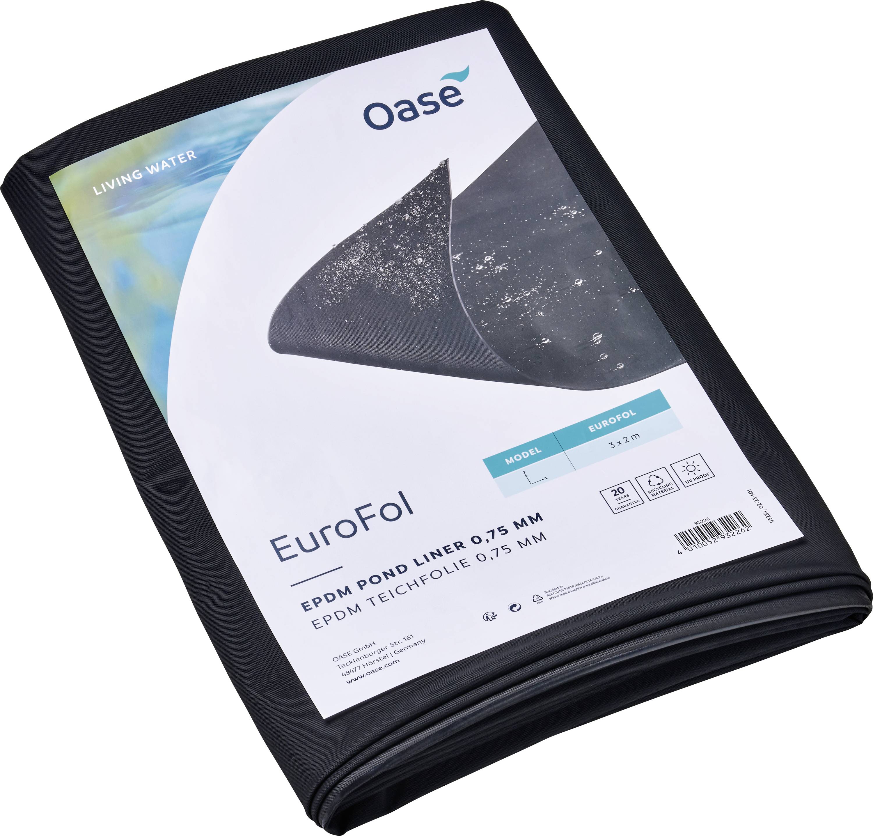 'EuroFol EPDM Powłoka do oczka wodnego 0,75 mm' opakowanie firmy Oase, z obrazem produktu i projektem w motywie wodnym.