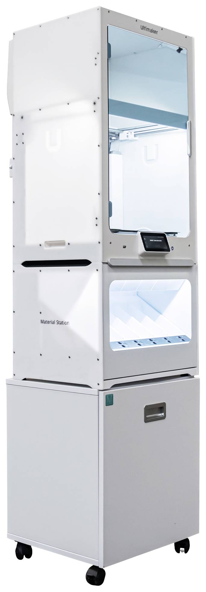 Zautomatyzowane urządzenie laboratoryjne na kółkach z dwoma komorami do przetwarzania próbek, wyposażone w cyfrowy panel sterowania pośrodku.