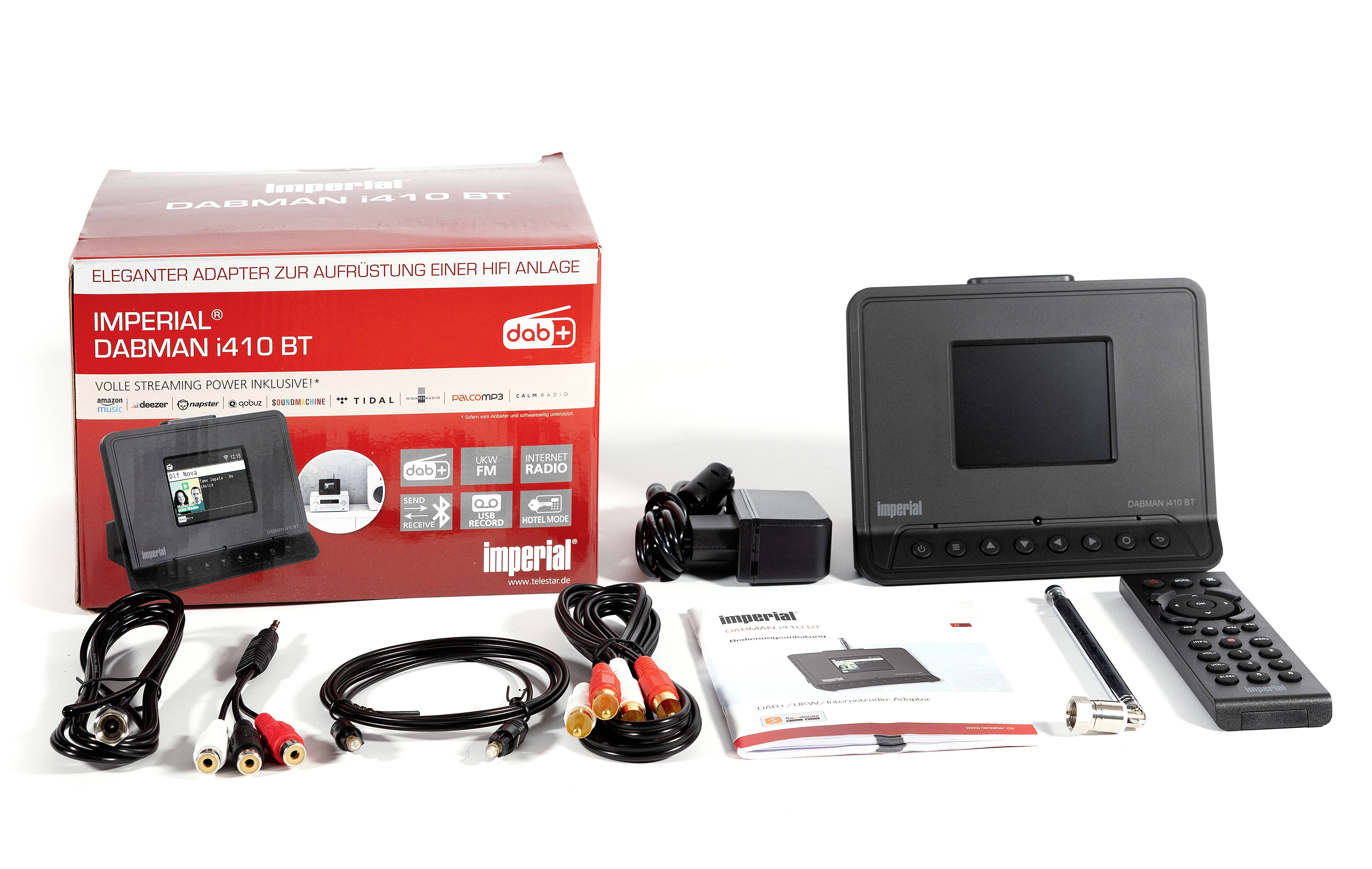 Zestaw 'IMPERIAL DABMAN i410 BT': Adapter, pilot zdalnego sterowania, zasilacz, kabel, instrukcja obsługi. Adapter do modernizacji systemu hi-fi.