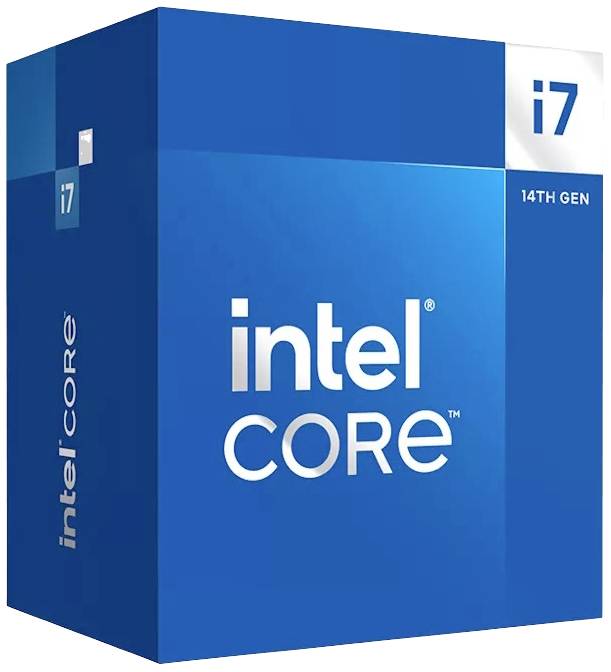 Niebieskie opakowanie procesora Intel Core i7 14. generacji. Na głównych stronach widoczne jest logo Intel oraz napis '14th Gen'.