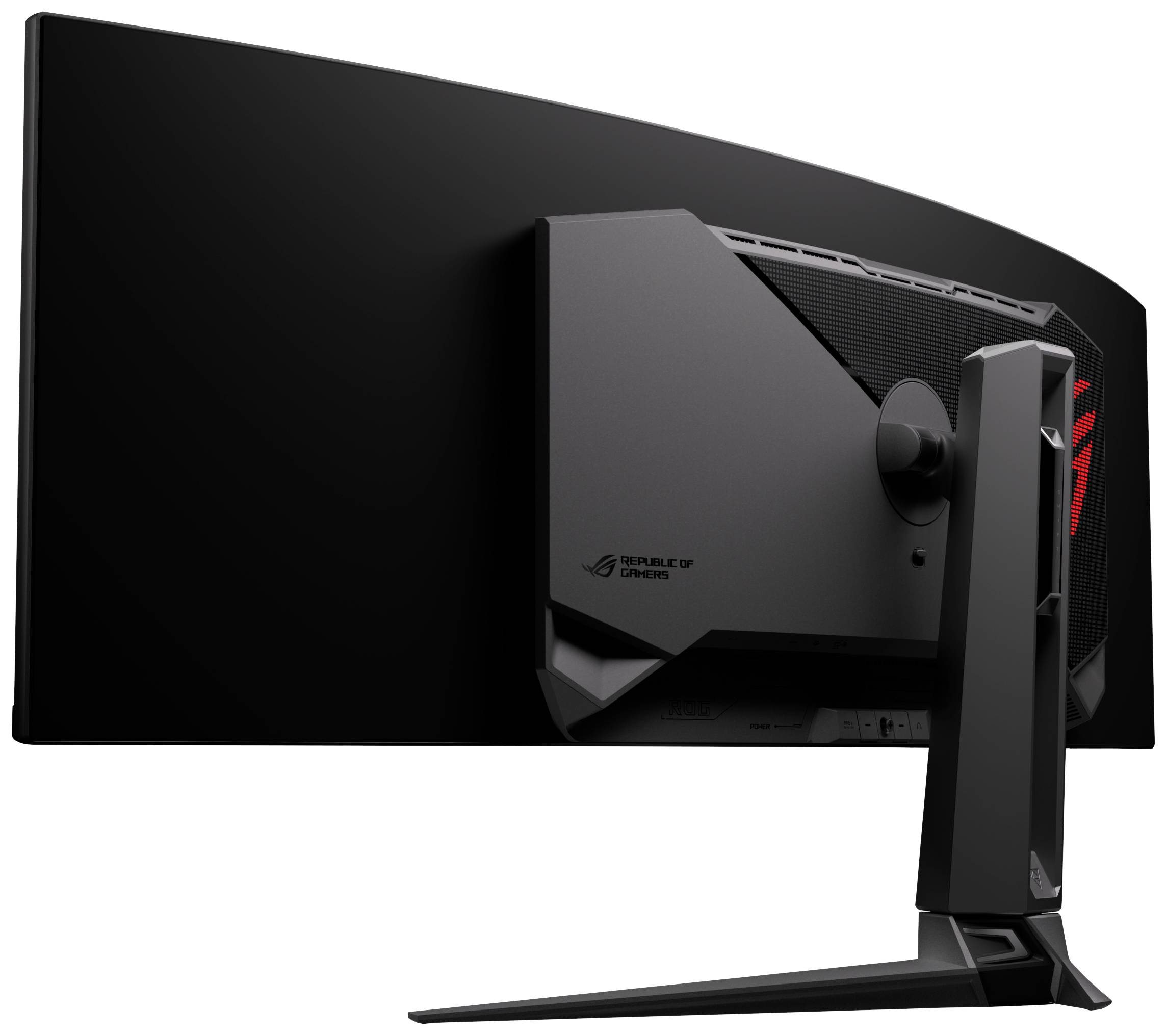 Widok z tyłu zakrzywionego ekranu komputerowego na podstawce, ukazujący projekt i wentylację tylnej części.