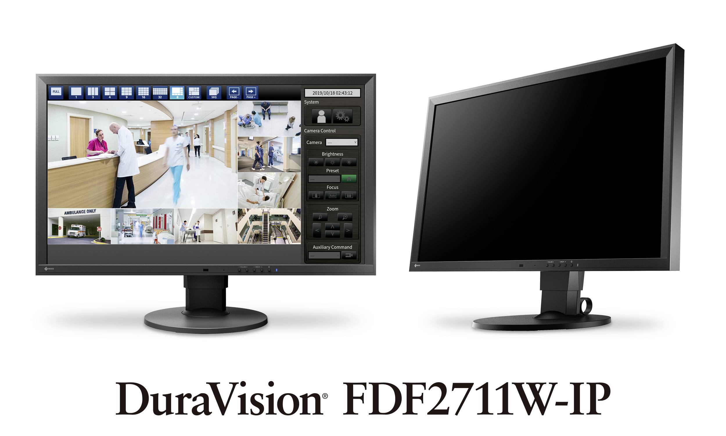 Monitory DuraVision FDF2711W-IP: Jeden monitor wyświetla obrazy z monitoringu szpitalnego, drugi monitor jest wyłączony.
