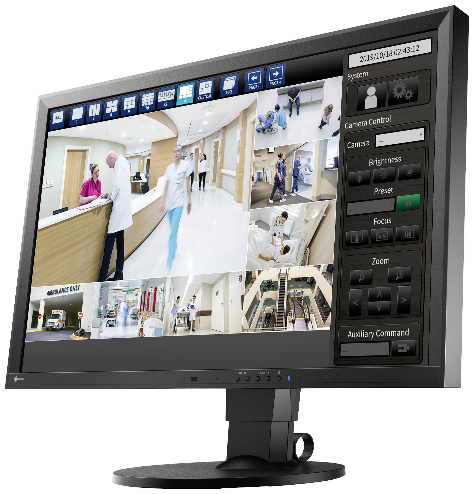 Monitor wyświetla system nadzoru w szpitalu z wieloma obrazami z kamer, w tym lekarzy, pacjentów i korytarzy.