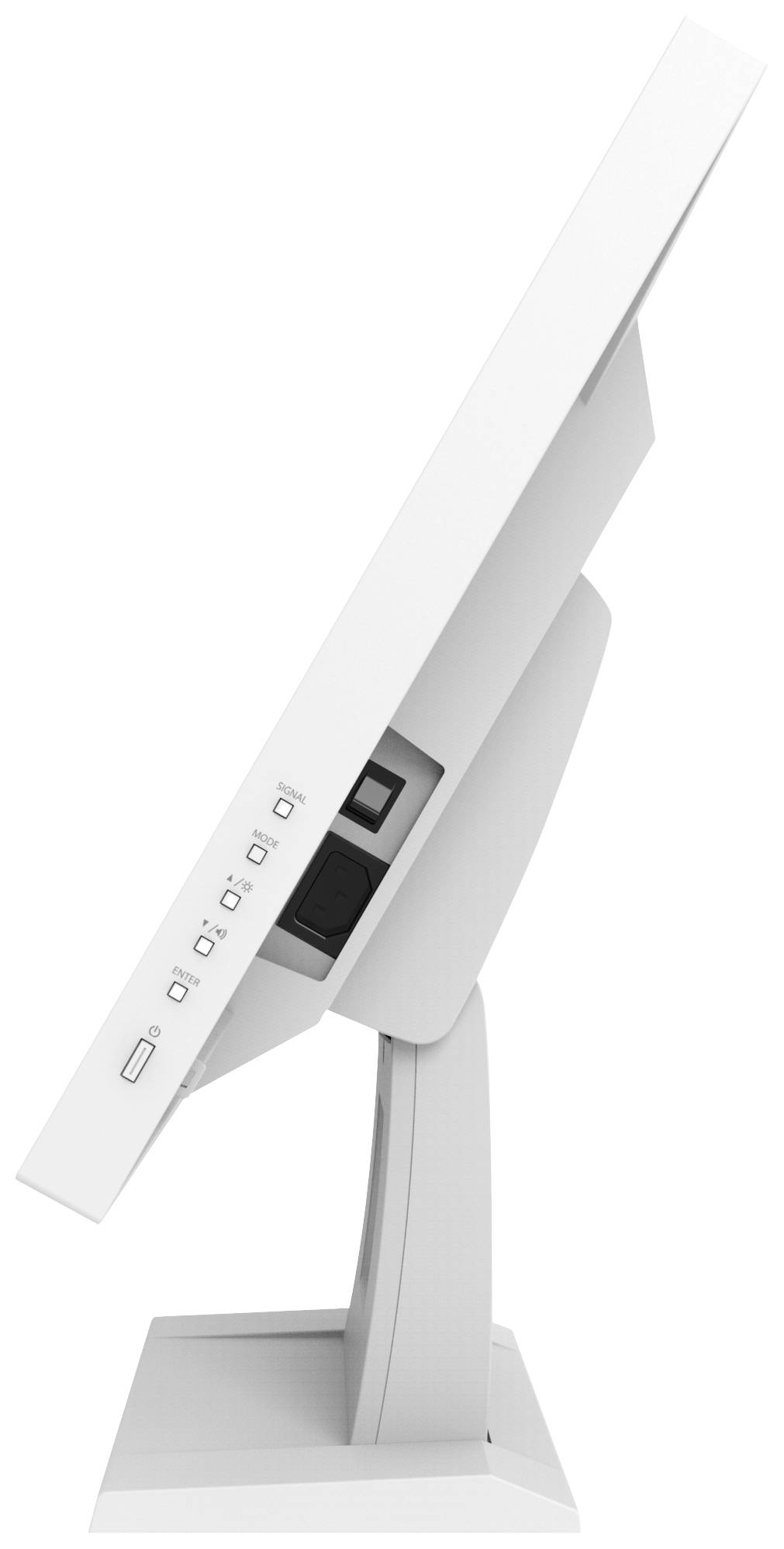 Biały ekran komputerowy widziany z boku ukazuje przyciski po jego stronie oraz regulowaną podstawę, zapewniającą elastyczność.