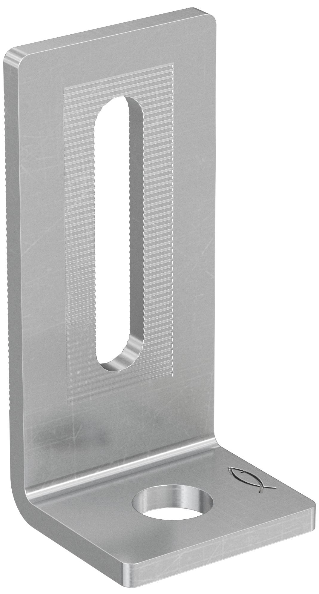 Metalowy uchwyt w kształcie litery L z podłużnym otworem i okrągłym otworem u podstawy, używany do mocowania przedmiotów.