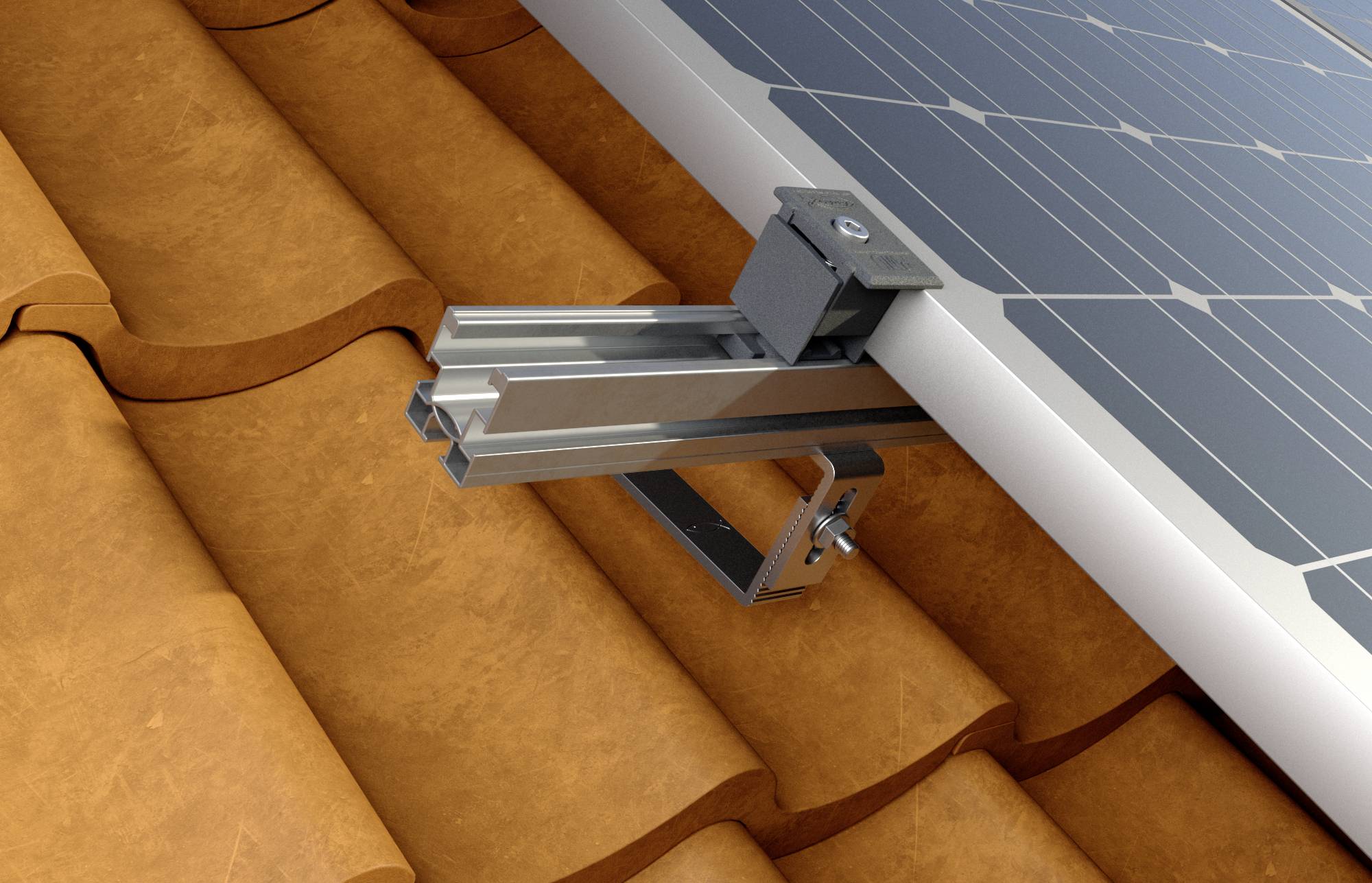 Instalacja solarna zamontowana na dachu ceramicznym. Zbliżenie ukazuje mocowanie i fragment panelu słonecznego.