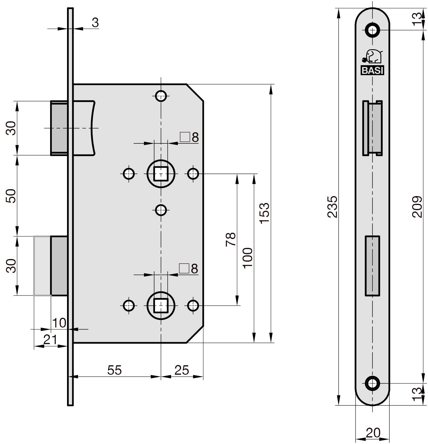 Rysunek techniczny zamka do drzwi z wymiarami w milimetrach. Przedstawia widok z przodu i z boku, uwzględniając otwory mocujące, wkładkę bębenkową oraz oznaczenie producenta.