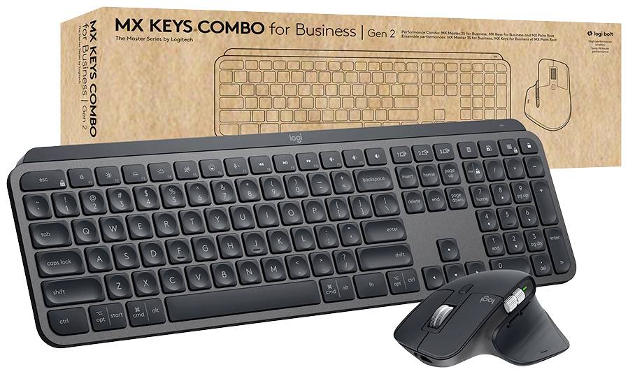 Bezprzewodowa klawiatura i mysz 'MX Keys Combo for Business Gen 2' firmy Logitech, sfotografowane przed opakowaniem.