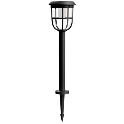 Czarna lampa solarna do ogrodu z grotownikiem, obudową szklaną i wzorem kratowym. Odpowiednia do oświetlania ścieżek i ogrodów.
