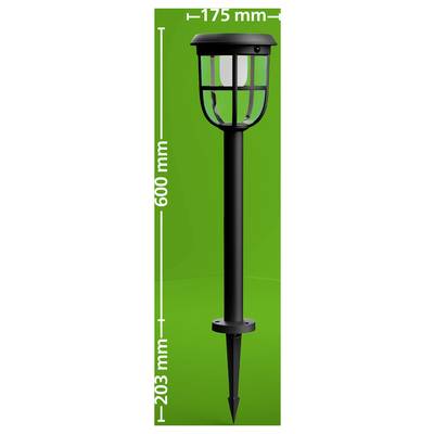 Czarna lampa ogrodowa do zainstalowania na kolcu z zielonym tłem, oznaczona wysokością 600 mm plus 203 mm kolca, szerokość 175 mm.