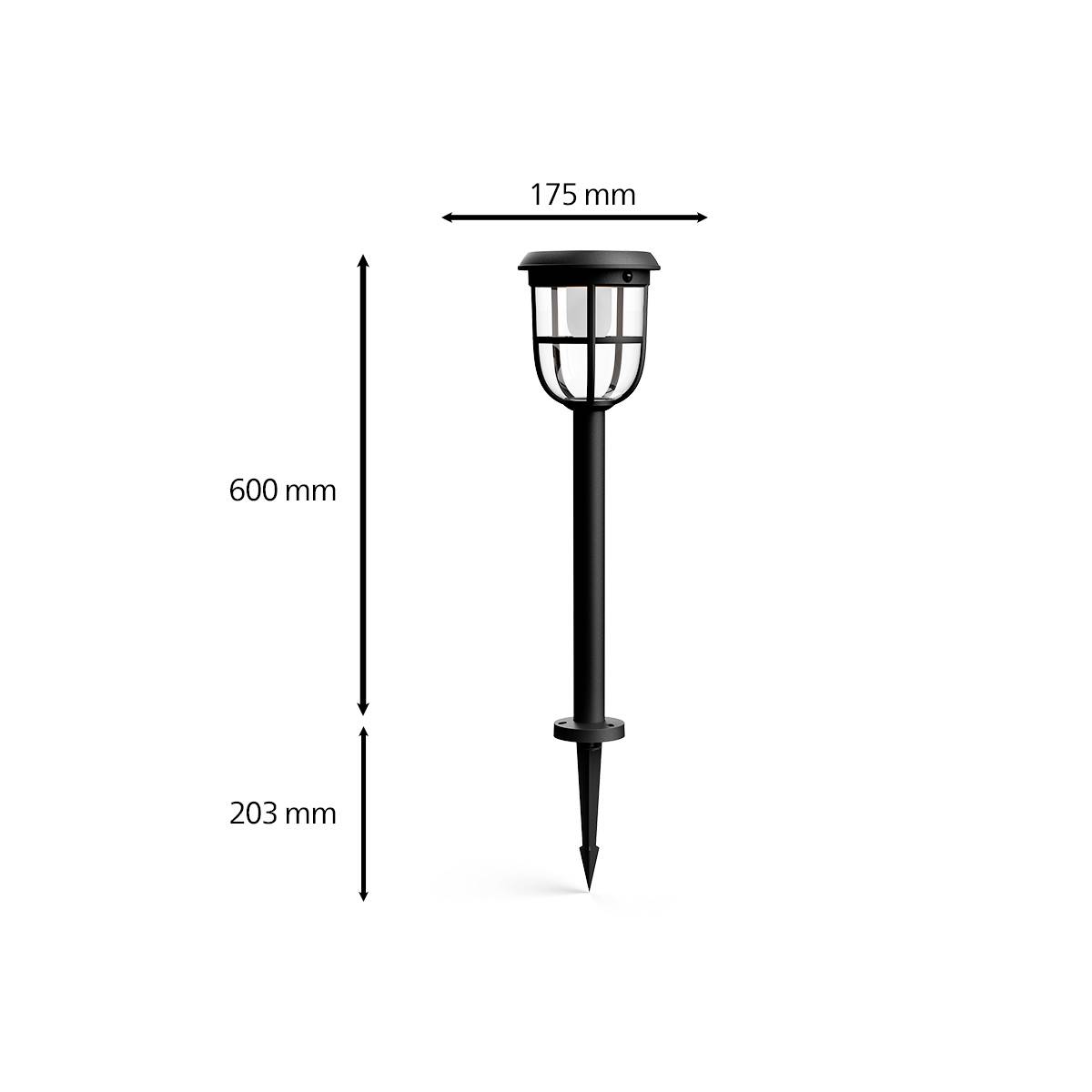 Czarna lampa ogrodowa z grotami do ziemi. Całkowita wysokość 600 mm, latarnia 203 mm, średnica 175 mm. Odpowiednia do oświetlenia zewnętrznego.