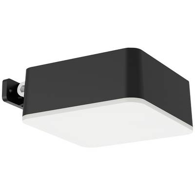 Czarna, prostokątna lampa ścienna zaokrąglona na rogach, zamocowana na ścianie.