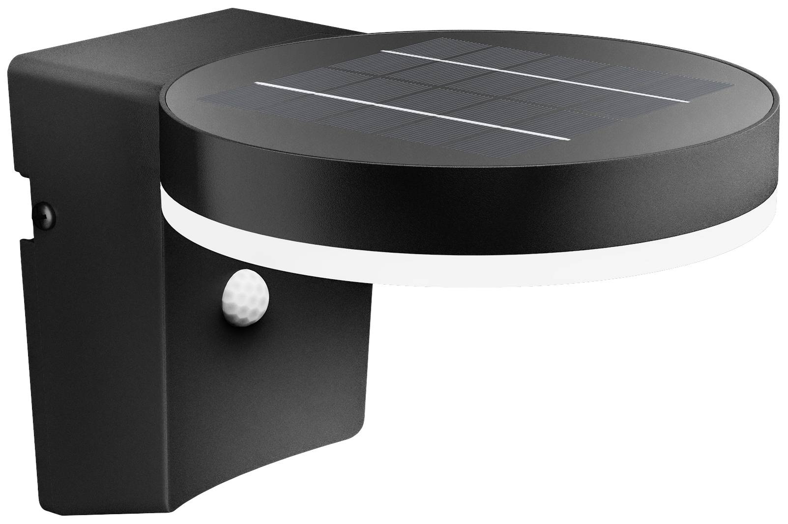 Czarna lampa solarna z okrągłym pierścieniem świetlnym i prostokątnym czujnikiem na przedniej stronie, zamocowana na uchwycie ściennym.