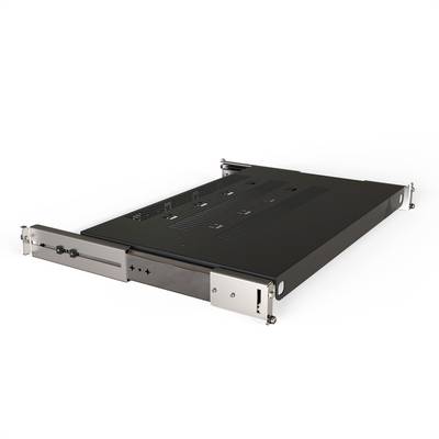 Czarna, prostokątna metalowa szafa rack z mocowaniami bocznymi, przeznaczona do instalacji w szafie serwerowej lub szafce teleinformatycznej.