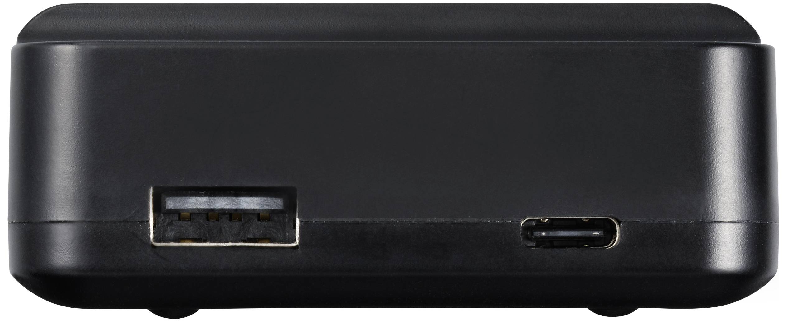 Czarne urządzenie elektroniczne z dwoma złączami po bokach: złączem USB i mniejszym złączem, prawdopodobnie USB-C.