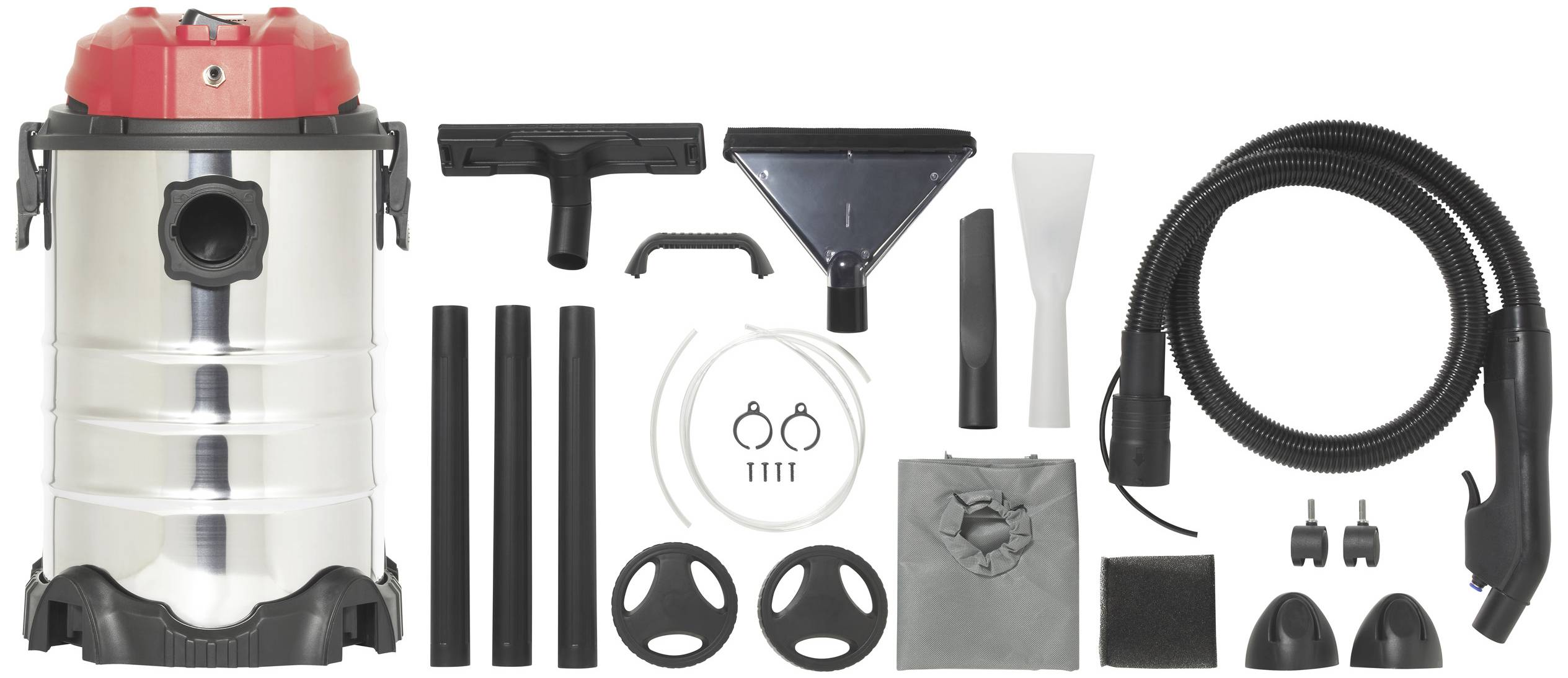 Przemysłowy odkurzacz z czerwoną pokrywą i akcesoriami: węże, dysze, filtry i rolki. Nadaje się do odkurzania na mokro i sucho.