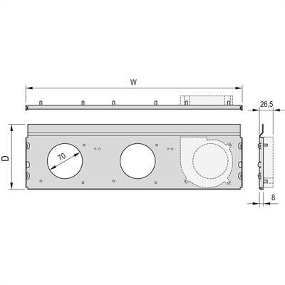 Rysunek techniczny prostokątnej płyty metalowej z trzema okrągłymi wycięciami oraz wymiarami D, W, 26,5, 70 i 8 mm.