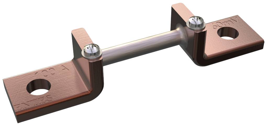 Metalowy pręt z dwoma punktami mocowania i śrubami, prawdopodobnie element składowy połączenia elektrycznego.