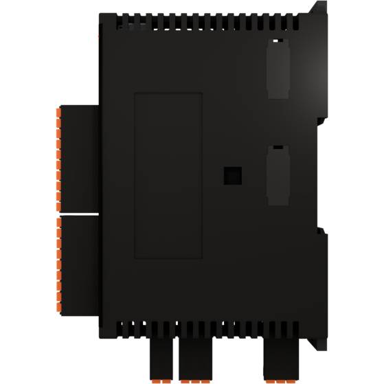 Czarny elektroniczny sprzęt z pomarańczowymi złączami po bokach i od spodu, prawdopodobnie kontroler lub moduł.