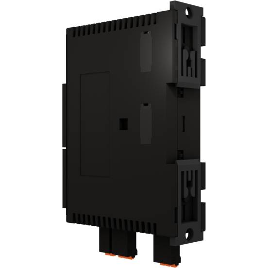 Czarna, prostokątna część wykonana z tworzywa sztucznego z różnymi wycięciami i złączami, najprawdopodobniej moduł elektroniczny.