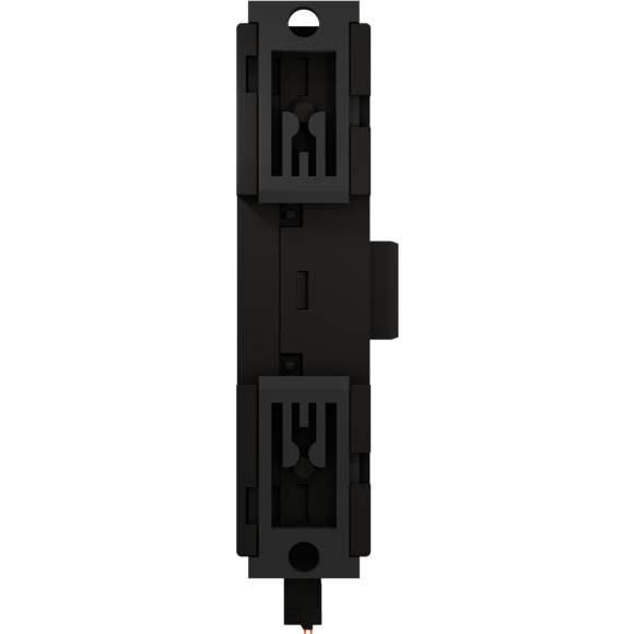 Czarny przełącznik o prostokątnym kształcie z dwoma pionowymi suwakami pośrodku, służący do sterowania urządzeniami elektrycznymi.