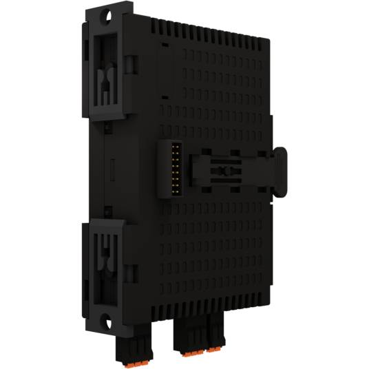 Czarny, prostokątny moduł elektroniczny z wieloma złączami po obu stronach.