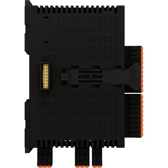Czarny, prostokątny element elektroniczny z pomarańczowymi złączami, prawdopodobnie moduł do zastosowań przemysłowych.