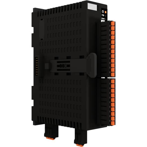 Czarny sprzęt elektroniczny z pomarańczowymi złączami, prawdopodobnie moduł do zastosowań przemysłowych lub systemów automatyki.