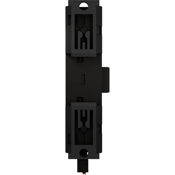 Czarny, prostokątny wyłącznik elektryczny w orientacji pionowej z widocznymi dwoma otworami montażowymi.