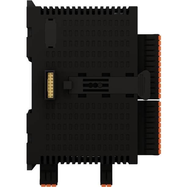 Moduł elektroniki przemysłowej w czarnej obudowie z pomarańczowymi złączami i centralnym portem przyłączeniowym.