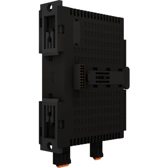 Czarny moduł elektryczny z wieloma gniazdami przyłączeniowymi, ustawiony pionowo. Posiada prostokątną, żebrowaną obudowę.