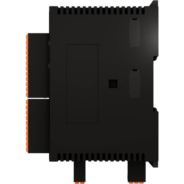 Czarny sprzęt elektroniczny widziany z boku, z wieloma portami i otworami wentylacyjnymi. Możliwe zastosowanie w zastosowaniach przemysłowych.