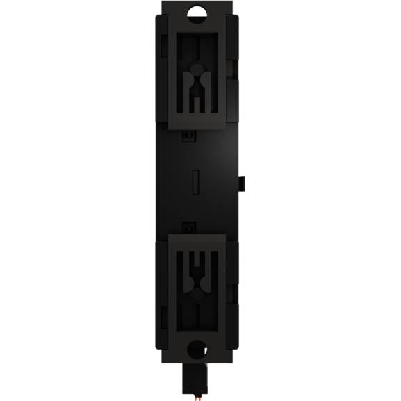 Czarny, prostokątny element elektroniczny z symetrycznymi detalami, w układzie pionowym, odpowiedni do zastosowań technicznych.