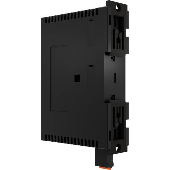 Czarny, prostokątny element elektroniczny z otworami wentylacyjnymi i złączami od spodu, nadający się do montażu w obudowie.